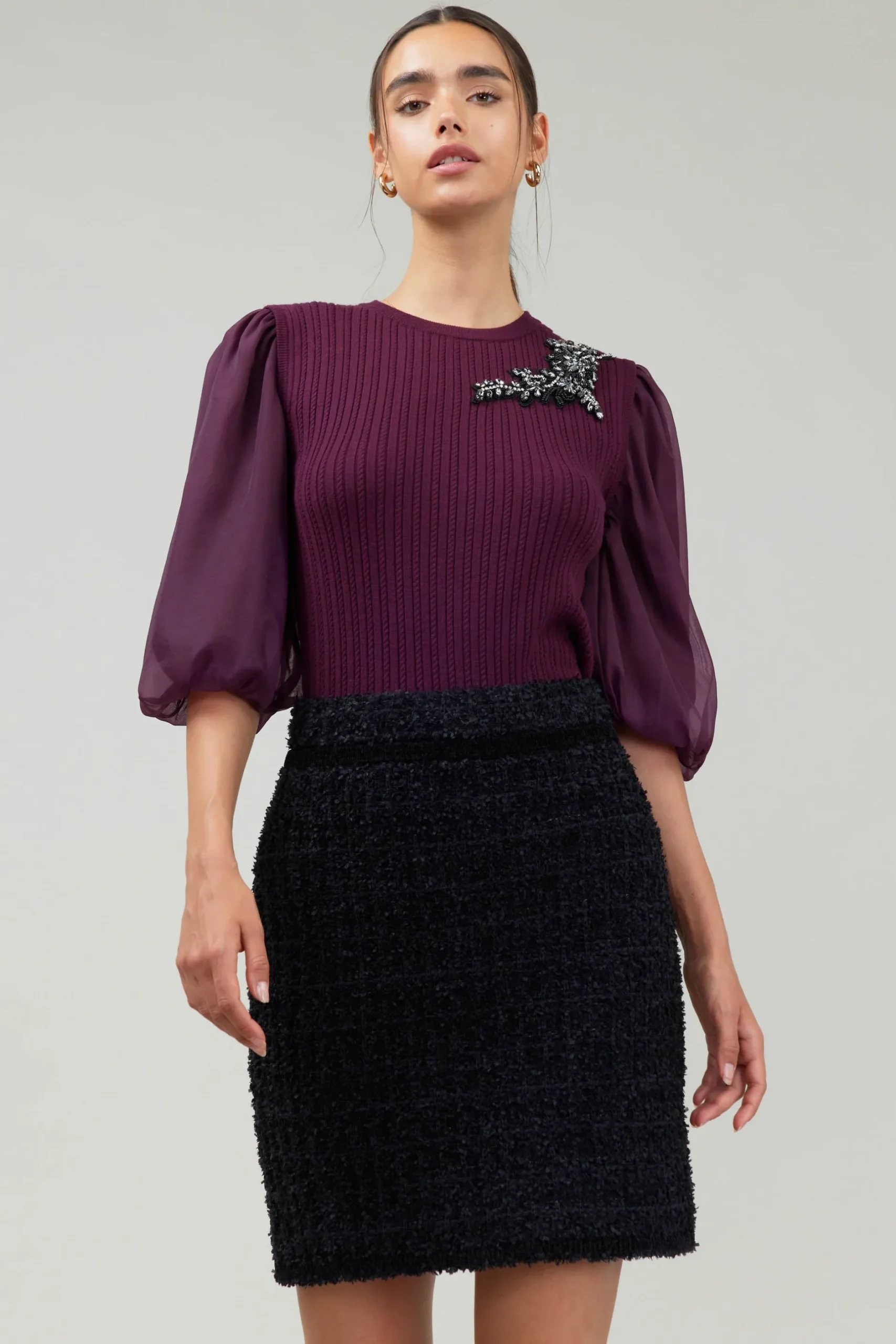 Knitwear|Short Sleeve Tops-Current Air Contrast Sleeve Knit Blouse BURGUNDY