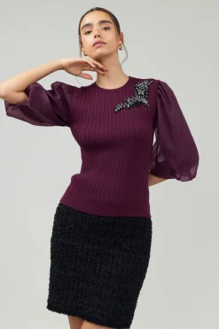Knitwear|Short Sleeve Tops-Current Air Contrast Sleeve Knit Blouse BURGUNDY