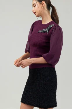 Knitwear|Short Sleeve Tops-Current Air Contrast Sleeve Knit Blouse BURGUNDY