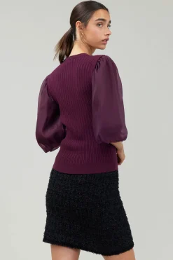Knitwear|Short Sleeve Tops-Current Air Contrast Sleeve Knit Blouse BURGUNDY