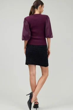 Knitwear|Short Sleeve Tops-Current Air Contrast Sleeve Knit Blouse BURGUNDY
