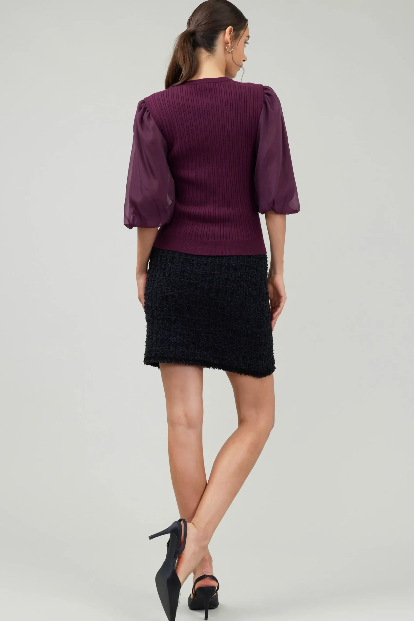 Knitwear|Short Sleeve Tops-Current Air Contrast Sleeve Knit Blouse BURGUNDY