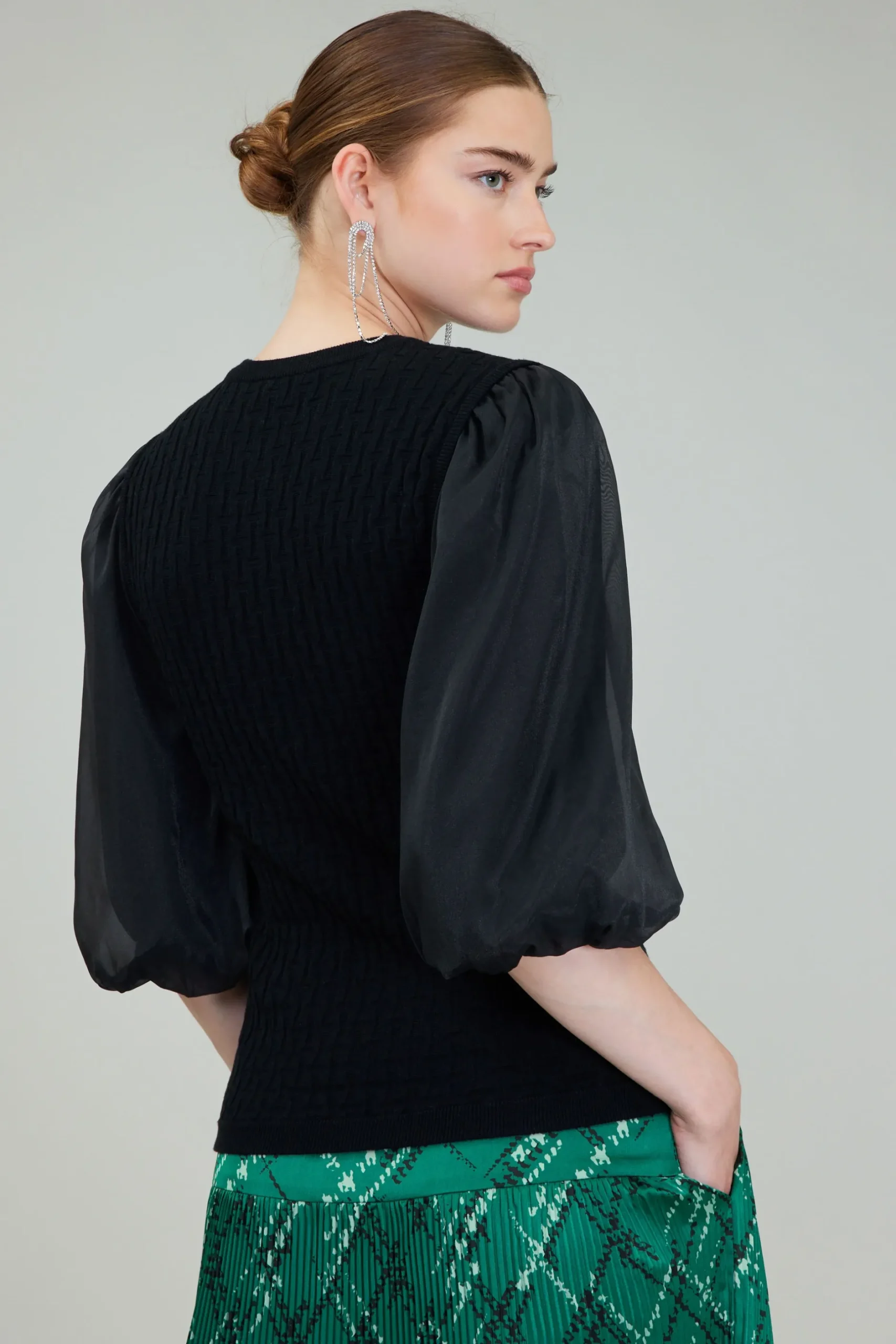 Knitwear|Short Sleeve Tops-Current Air Contrast Sleeve Knit Blouse BLACK
