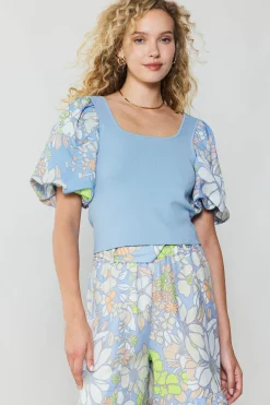 Knitwear|Sweaters-Current Air Contrast Sleeve Knit Top BLUE