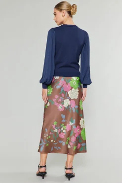 Knitwear|Sweaters-Current Air Contrast Sleeve Knit Top NAVY