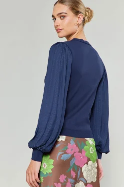 Knitwear|Sweaters-Current Air Contrast Sleeve Knit Top NAVY