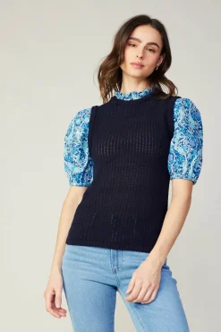 Knitwear|Sweaters-Current Air Contrast Sleeve Knit Top BLUEMLT