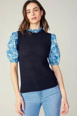 Knitwear|Sweaters-Current Air Contrast Sleeve Knit Top BLUEMLT