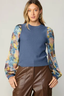 Sweaters-Current Air Contrast Sleeve Sweater Top AEGEANBLUE