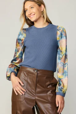 Sweaters-Current Air Contrast Sleeve Sweater Top AEGEANBLUE