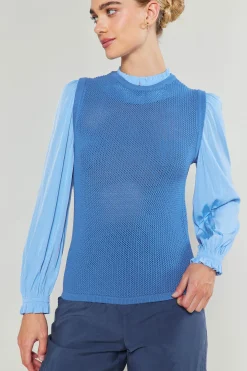 Knitwear|Long Sleeve Tops-Current Air Contrast Sleeve Sweater Top AEROBLUE