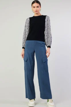 Knitwear|Sweaters-Current Air Contrast Sleeve Sweater Top BLACK