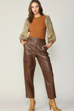 Sweaters-Current Air Contrast Sleeve Sweater Top CAMELGREEN