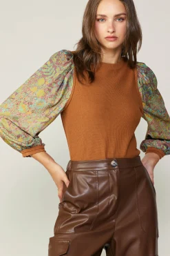 Sweaters-Current Air Contrast Sleeve Sweater Top CAMELGREEN