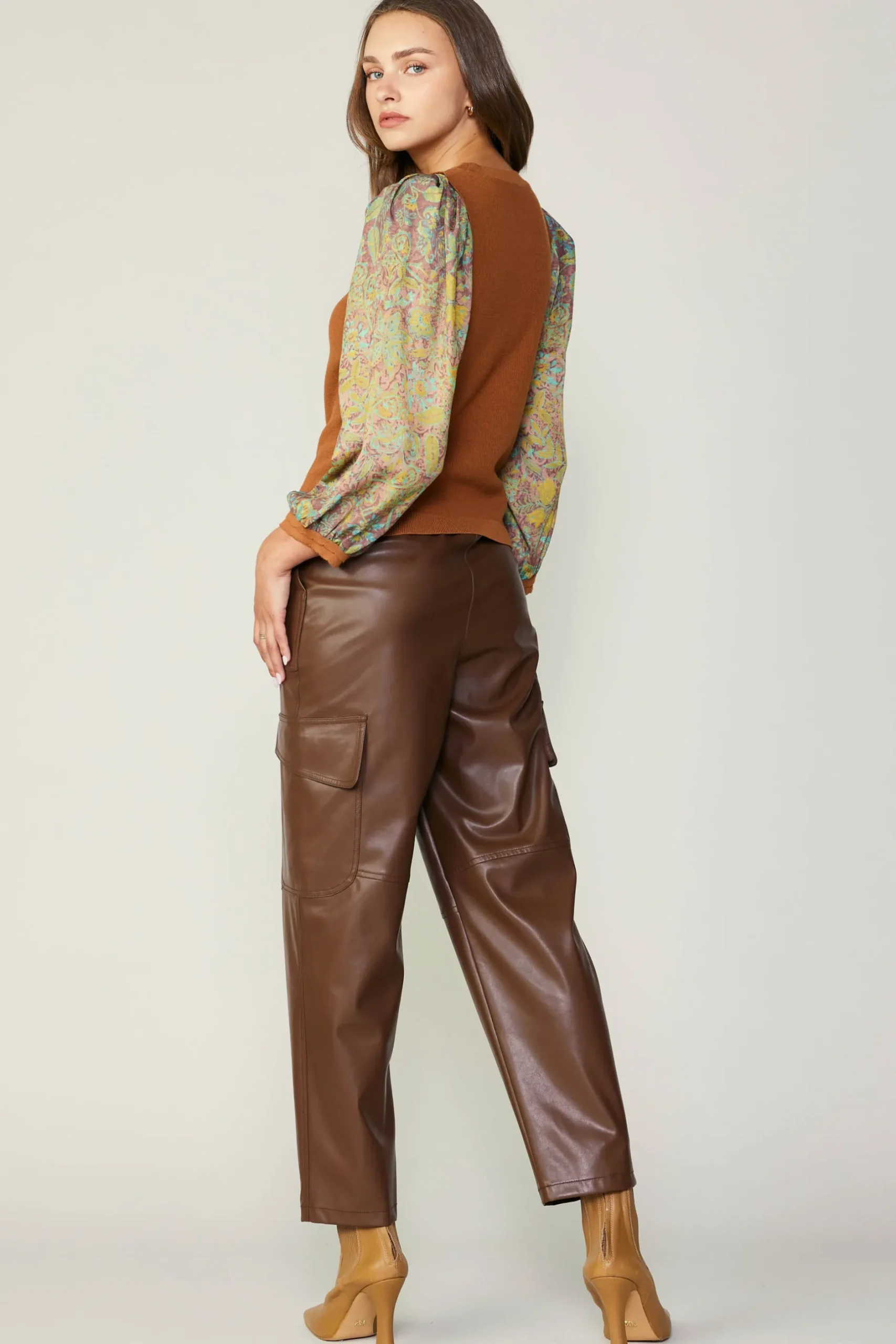 Sweaters-Current Air Contrast Sleeve Sweater Top CAMELGREEN