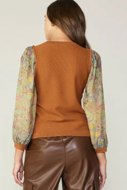 Sweaters-Current Air Contrast Sleeve Sweater Top CAMELGREEN