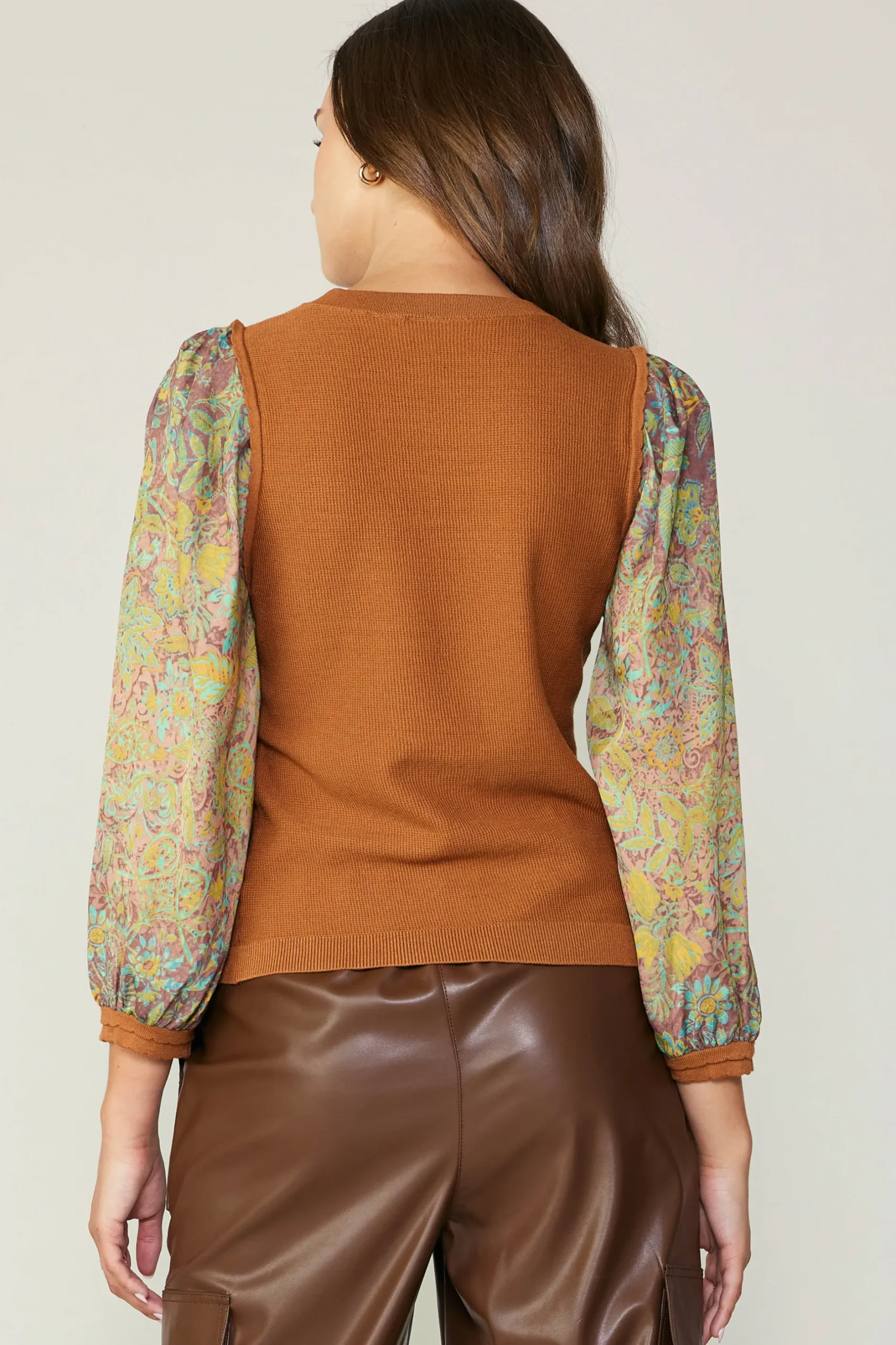 Sweaters-Current Air Contrast Sleeve Sweater Top CAMELGREEN