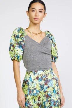 Short Sleeve Tops-Current Air Contrast Sleeve Sweetheart Top GREY