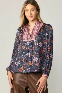 Long Sleeve Tops-Current Air Contrast Stripe Floral Blouse MULTI