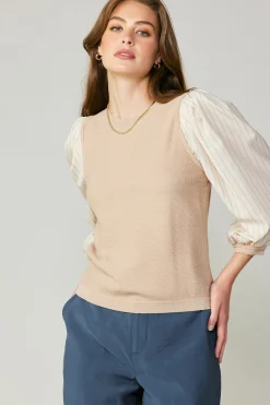 Long Sleeve Tops|Sweaters-Current Air Contrast Sweater Top LIGHTTAUPE