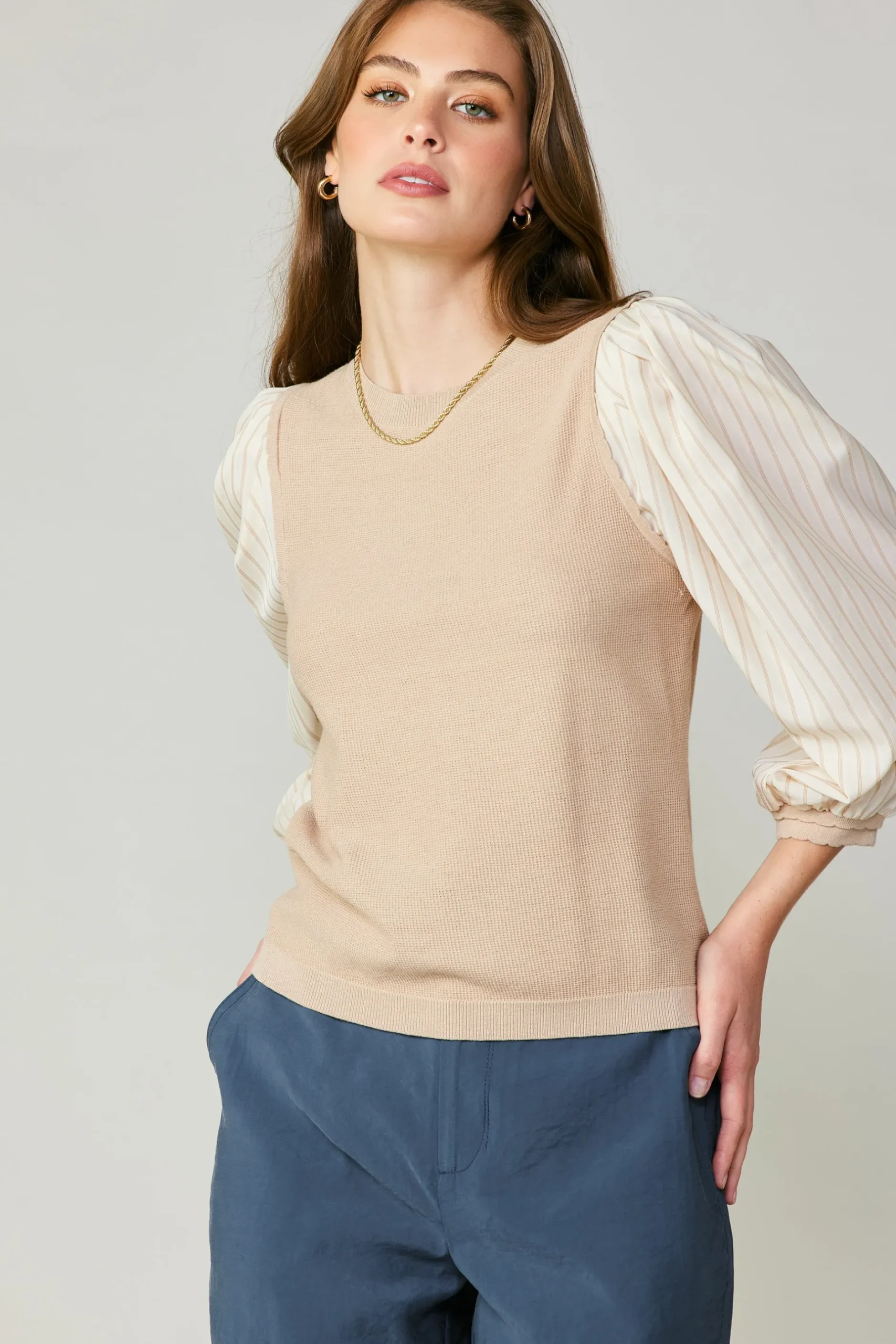 Long Sleeve Tops|Sweaters-Current Air Contrast Sweater Top LIGHTTAUPE