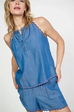 Sleeveless Tops-Current Air Contrast Trim Tank CHAMBRAY