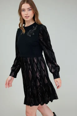 Knitwear|Mini Dresses-Current Air Contrast Velvet Foil Mini Dress BLACKBRONZEMULTI