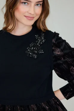 Knitwear|Mini Dresses-Current Air Contrast Velvet Foil Mini Dress BLACKBRONZEMULTI