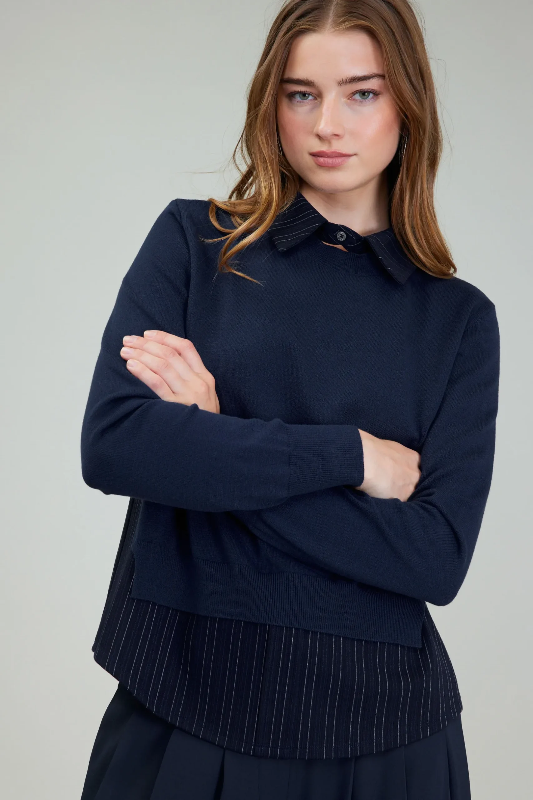 Knitwear|Long Sleeve Tops-Current Air Corduroy Knit & Woven Top NAVY