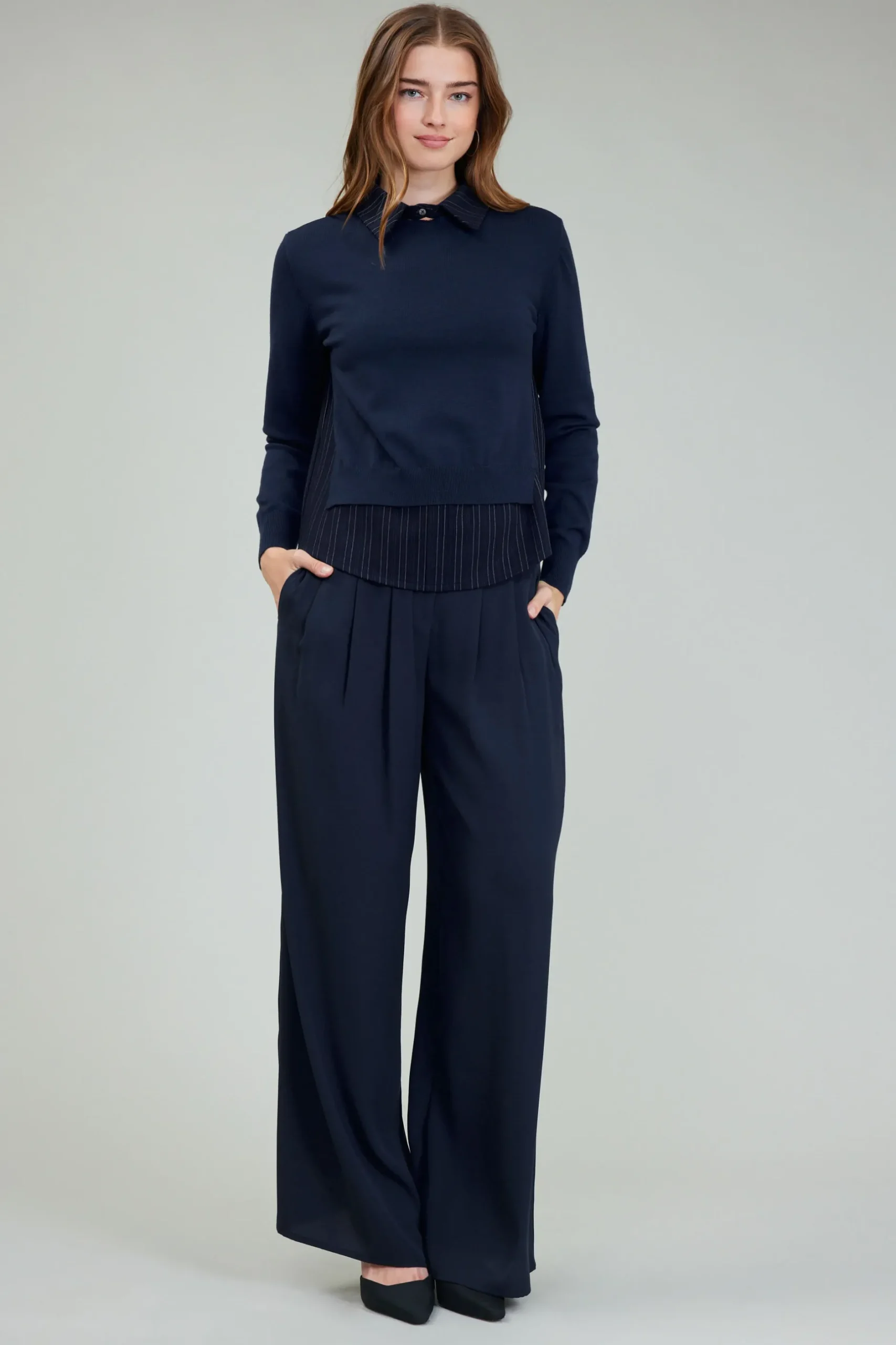 Knitwear|Long Sleeve Tops-Current Air Corduroy Knit & Woven Top NAVY