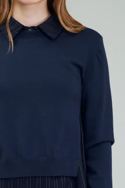 Knitwear|Long Sleeve Tops-Current Air Corduroy Knit & Woven Top NAVY