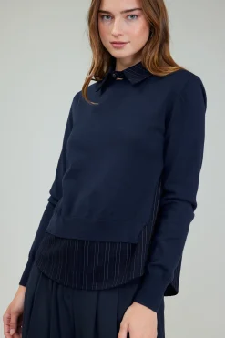 Knitwear|Long Sleeve Tops-Current Air Corduroy Knit & Woven Top NAVY