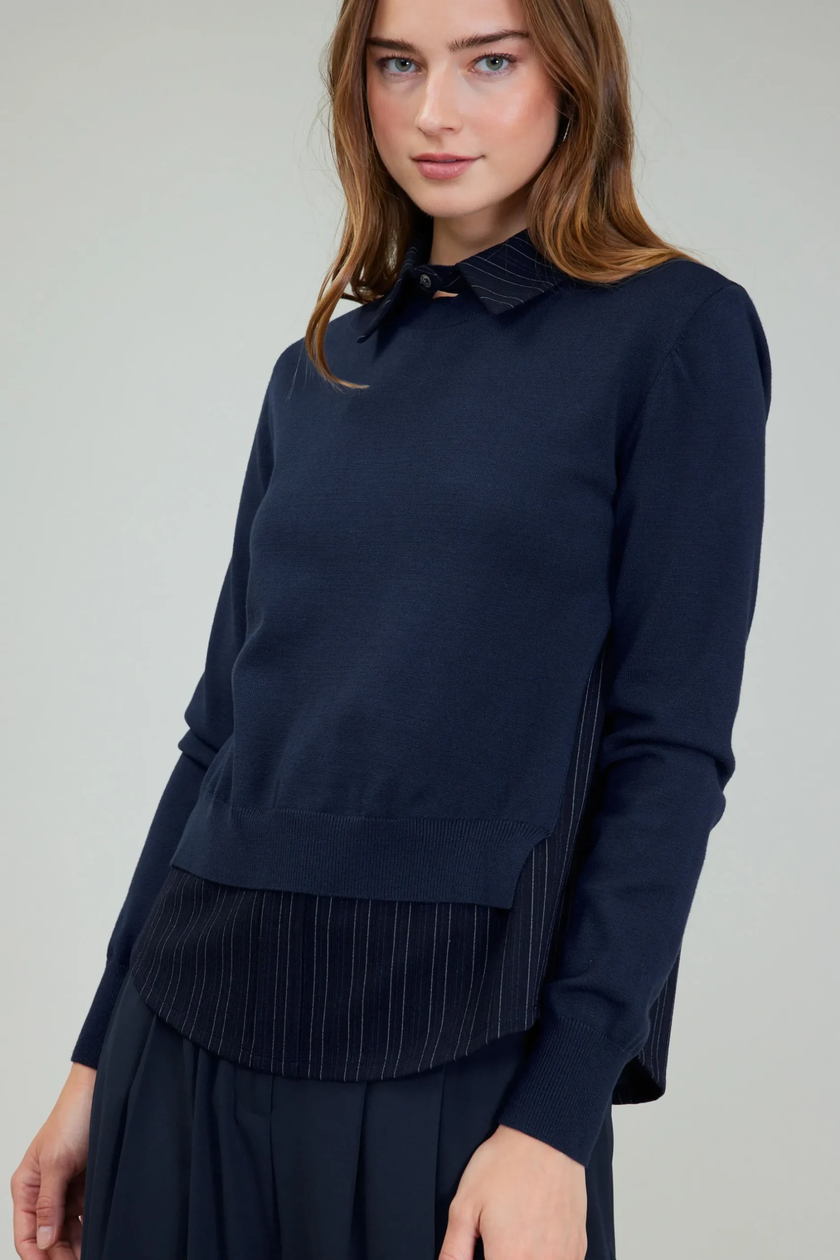 Knitwear|Long Sleeve Tops-Current Air Corduroy Knit & Woven Top NAVY