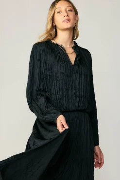 Long Sleeve Tops-Current Air Crinkle Plisse Blouse BLACK