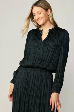 Long Sleeve Tops-Current Air Crinkle Plisse Blouse BLACK