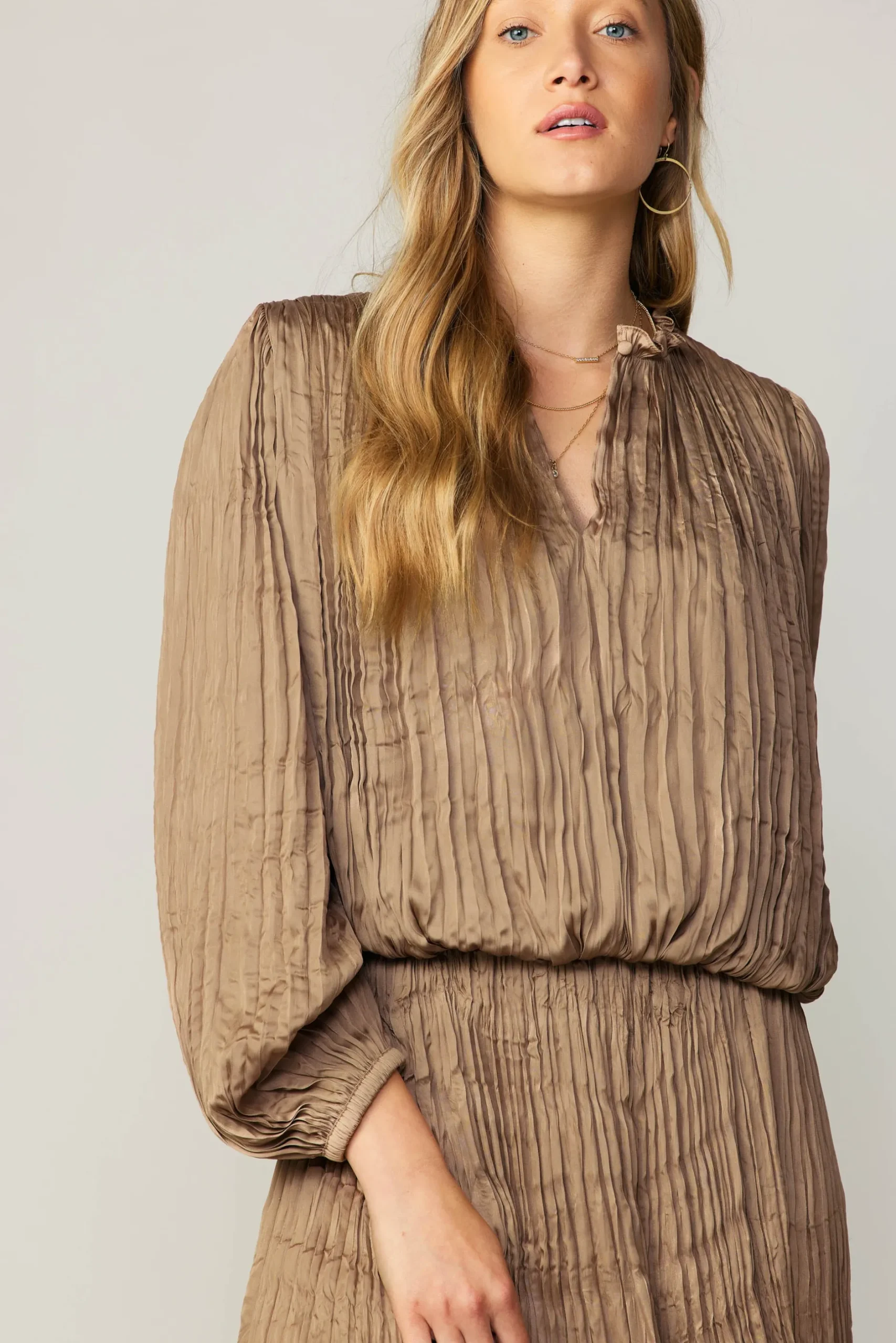 Long Sleeve Tops-Current Air Crinkle Plisse Blouse LATTE