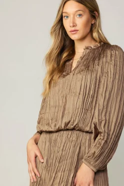 Long Sleeve Tops-Current Air Crinkle Plisse Blouse LATTE