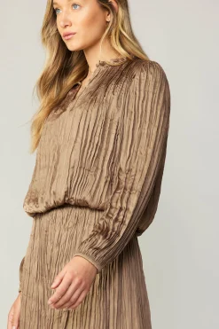 Long Sleeve Tops-Current Air Crinkle Plisse Blouse LATTE