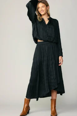 Skirts-Current Air Crinkle Plisse Midi Skirt BLACK