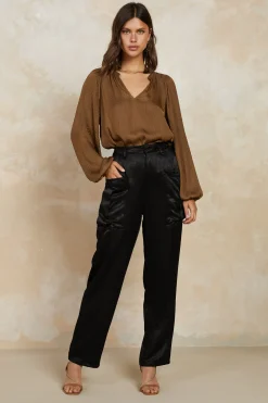 Long Sleeve Tops-Current Air Crinkle Texture Blouse BROWN
