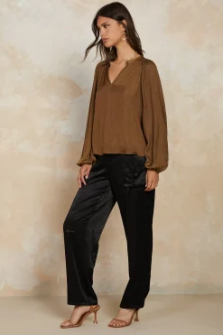 Long Sleeve Tops-Current Air Crinkle Texture Blouse BROWN
