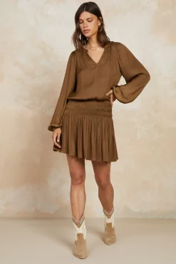 Mini Dresses-Current Air Crinkle Texture Smocked Mini Dress BROWN