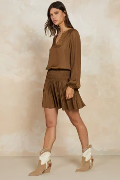 Mini Dresses-Current Air Crinkle Texture Smocked Mini Dress BROWN