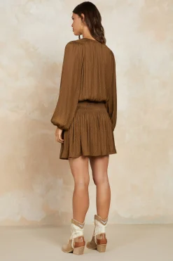 Mini Dresses-Current Air Crinkle Texture Smocked Mini Dress BROWN