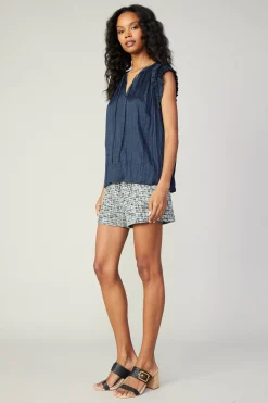Sleeveless Tops-Current Air Crinkled Flutter Sleeve Top SLATENAVY