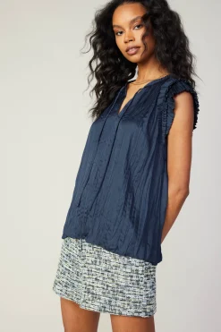 Sleeveless Tops-Current Air Crinkled Flutter Sleeve Top SLATENAVY