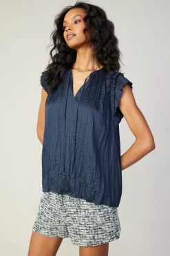 Sleeveless Tops-Current Air Crinkled Flutter Sleeve Top SLATENAVY