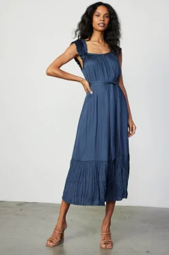 Midi Dresses-Current Air Crinkled Ruffled Shoulder Midi Dress NAVY