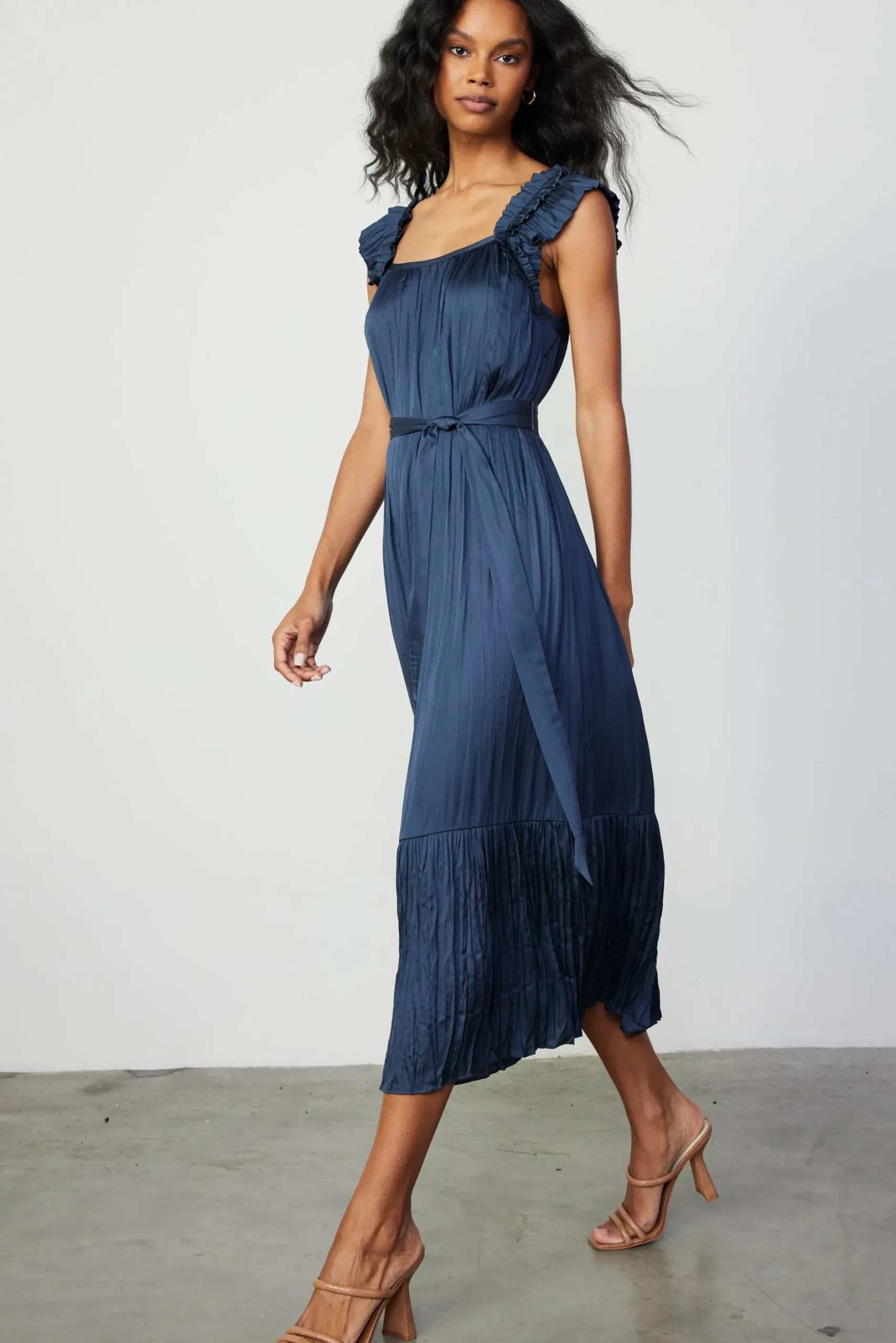 Midi Dresses-Current Air Crinkled Ruffled Shoulder Midi Dress NAVY
