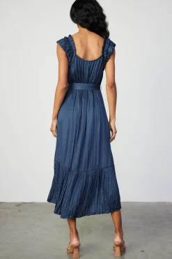 Midi Dresses-Current Air Crinkled Ruffled Shoulder Midi Dress NAVY
